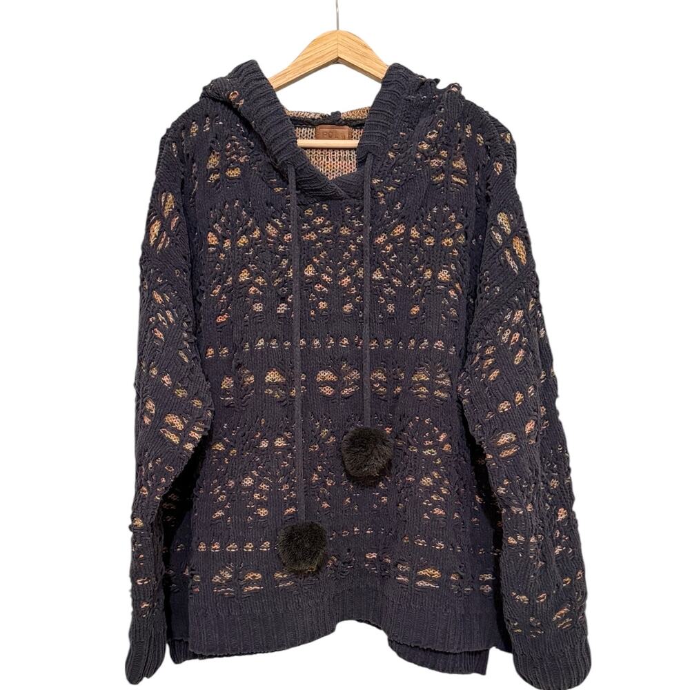 POL Anthropologie Navy Open Knit Hooded Sweater Pom Pom Boho Chunky Medium